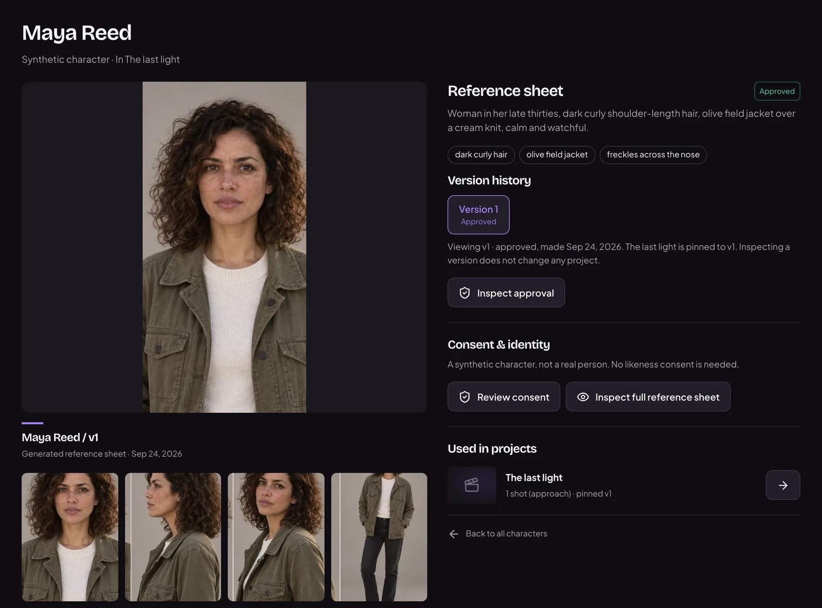 A SocialFly character: a portrait, four reference views, an approved version in the version history, and the projects that use it.
