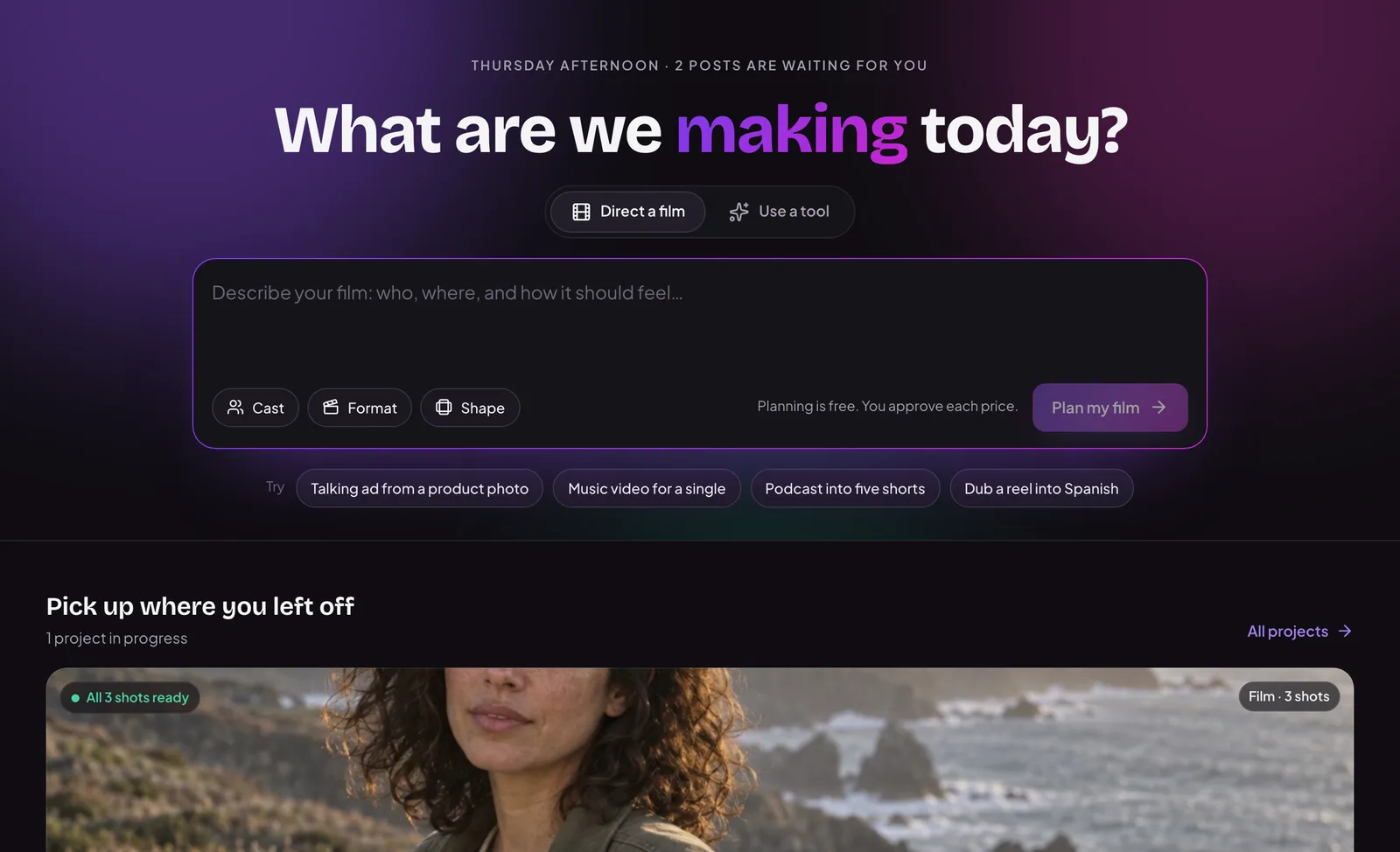 SocialFly’s Home: a choice between directing a film and using a tool, above an empty brief that asks who, where and how it should feel, and the latest project below it.