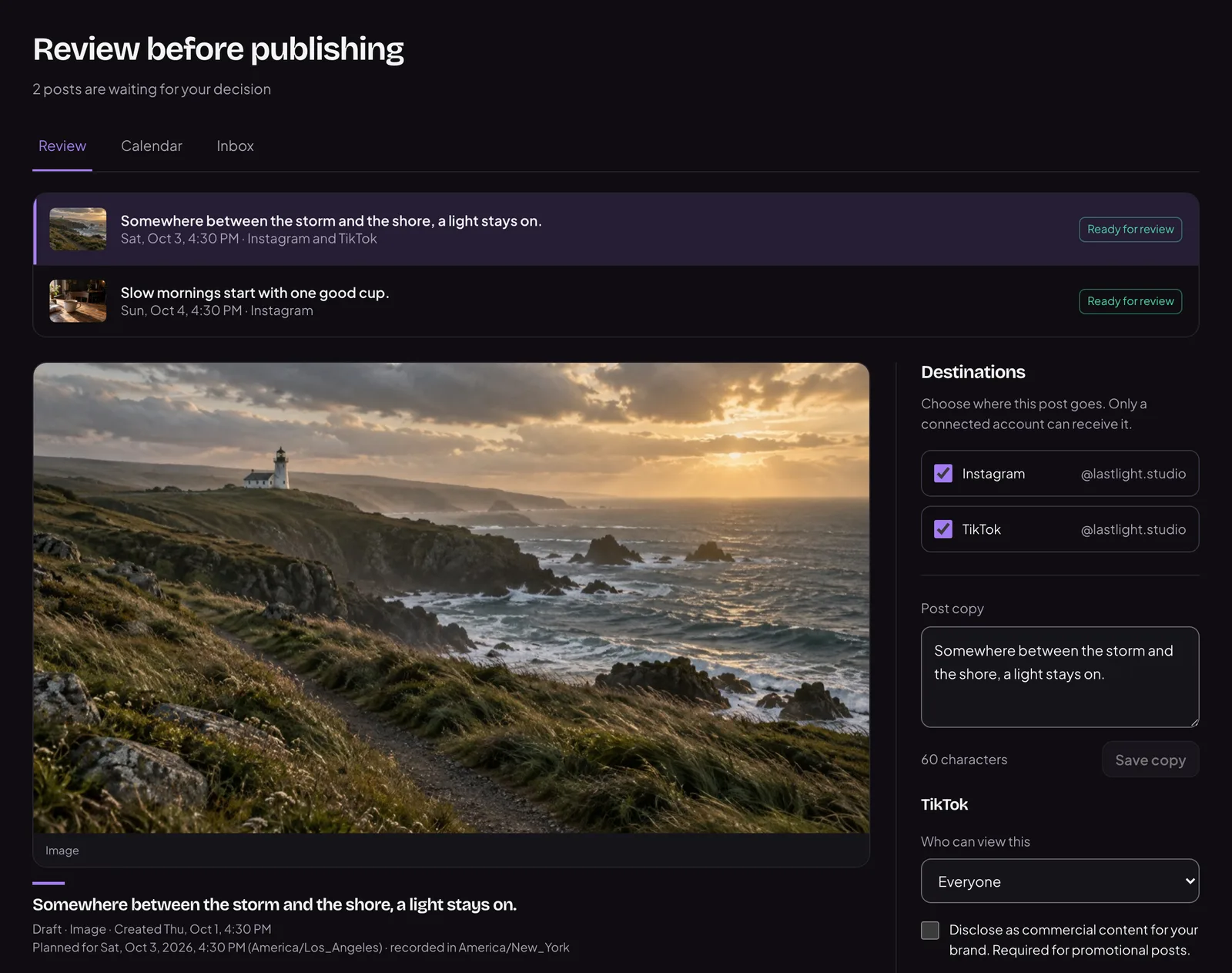SocialFly’s review screen: two posts waiting for a decision, the first one open with its image, the connected accounts it will go to, its caption and who can view it on TikTok.