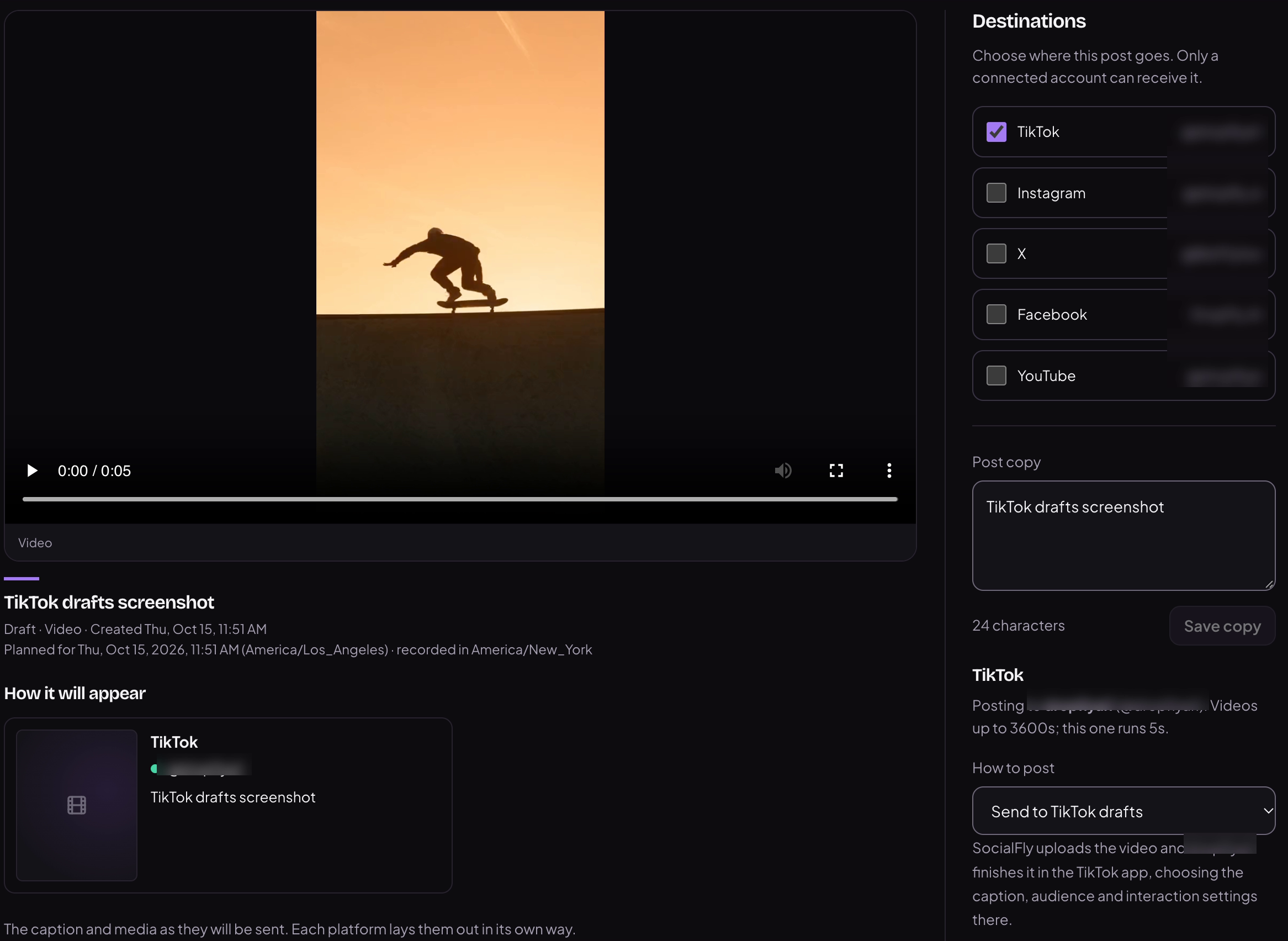 SocialFly review screen showing the TikTok destination account and the delivery choice set to 'Send to TikTok drafts'.