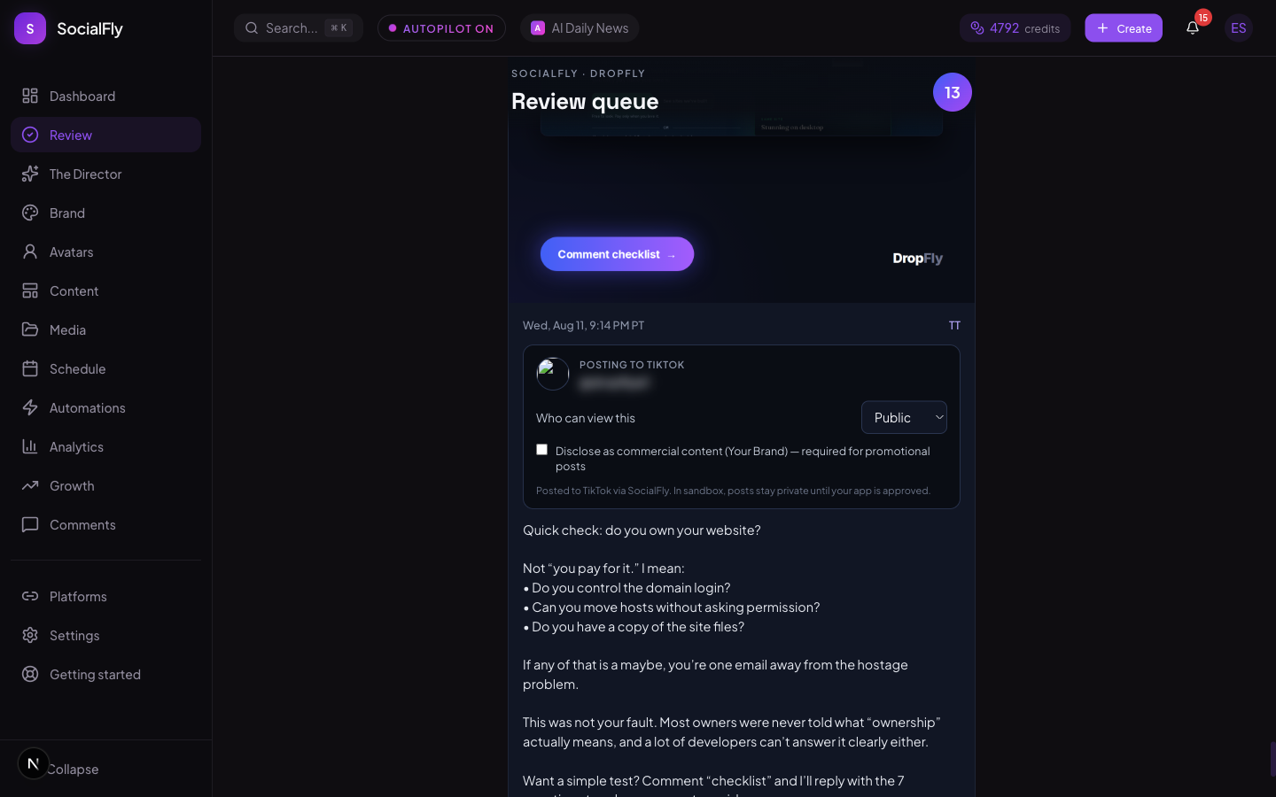 SocialFly review screen showing the TikTok destination account, a 'Who can view this' selector set to Public, and a commercial content disclosure checkbox.
