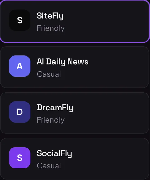 The brand profile rail inside SocialFly, listing separate brands each with its own tone.