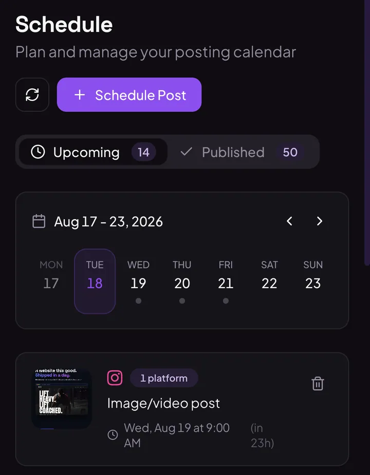 SocialFly's schedule on a phone: upcoming and published tabs, a week strip, and posts with their times and platforms.